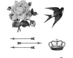 some flowers and arrows with birds flying around them on a white background in black and white