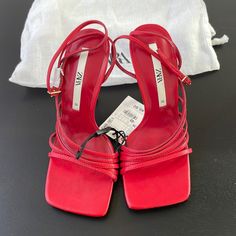 Brand New Zara Women's 3" High Heel Strappy Sandals Red Size Us:6 , Wrap Around The Ankle Strap Red Closed Toe Heels For Summer, Red Open Heel Sandals For Summer, Summer Evening Heels With Red Sole, Summer Evening Sandals With Red Sole, Summer Red Heels With Red Sole, Red Heels With Red Sole For Summer, Elegant Red Sandals For Summer, Red Sandals With Heel Strap For Summer, Red Summer Sandals With Padded Heel