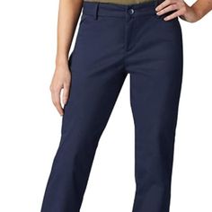 Lee Women's Wrinkle Free Relaxed Fit Straight Leg Pants 71% Cotton, 26% Polyester, 3% Spandex Imported Zipper & Button Closure Machine Wash Relaxed Fit. With A Relaxed Fit And Mid Rise, These Pants Are A Wardrobe Necessity. These Women's Slacks Help Keep You Looking Wrinkle-Free For Carefree Wear From Work To Dinner. Wrinkle-Free. Made With Wrinkle-Free Fabric, These Women's Dress Pants Are Low Maintenance And Worry-Free With A Polished Look. A Flexible Waistband And Stretch Fabric Offers Comfor Mid-rise Cotton Dress Pants For Work, Mid-rise Blue Chinos For Work, Blue Cotton Dress Pants For Work, Blue Straight Leg Workwear Chinos, Blue Straight Leg Chinos For Work, Blue Relaxed Fit Work Pants, Blue Wide Leg Work Pants, Blue Business Casual Jeans, Navy Mid-rise Bottoms For Work