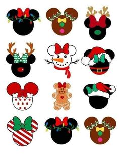 mickey and minnie mouse christmas cliparts with santa hat, reindeer ears, snowman nose