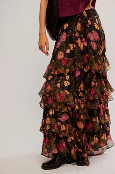 Perfectly printed and ethereal, this stunning maxi skirt deserves a spot in every wardrobe. Color: Wash Black Combo 100% Polyester Hand wash cold, lay flat to dry. Item #OB2023197 Please call for in-store availability Size/Fit Model is wearing size S. Fall Maxi, Wardrobe Color, Ruffle Maxi Skirt, Denim Short Dresses, Capri Blue, Maxi Skirts, Floral Ruffle, Wide Leg Denim, Active Wear Tops