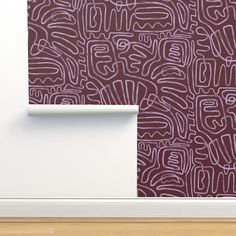 an abstract wallpaper design with purple and white paint on the walls, in front of a wooden floor