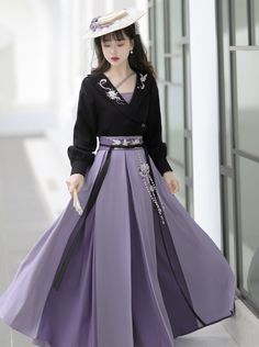 ❤︎Dark flower blouse + pleated long skirt❤︎ Elegant Purple Maxi Skirt, Elegant Purple Pleated Maxi Skirt, Purple Pleated Maxi Skirt For Party, Spring Purple Pleated Maxi Skirt, Elegant Purple Pleated Skirt, Purple Flowy Pleated Skirt For Spring, Elegant Purple Midi Skirt, Purple Full Skirt Dress For Spring, Elegant Purple Dress With Full Skirt