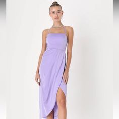 This Sophisticated Dress Has A Sleek Woven Satin Construction That Shapes A Princess-Seamed Bodice With A Straight Neckline And Slender Straps That Lace Down The Open Back. The Fitted Waist Tops An Overlapping Tulip Skirt That Boasts A Faux-Wrap Silhouette (With A Bit Of Gathering At The Front) Before Falling To A Midi Hem. Hidden Back Zipper/Clasp. Dress Measures 11" At Back. Lined. Shell: 97% Polyester, 3% Spandex. Lining: 100% Polyester. Hand Wash Cold. Inside Out. Do Not Bleach. Flat Dry. Im Purple Spaghetti Strap Maxi Dress For Night Out, Fitted Purple Midi Dress For Prom, Lavender Midi Dress For Party, Purple Spaghetti Strap Midi Dress For Evening, Fitted Purple Midi Bridesmaid Dress, Fitted Purple Bridesmaid Midi Dress, Purple Midi Dress For Prom, Purple Spaghetti Strap Midi Dress For Night Out, Chic Purple Midi Dress For Prom