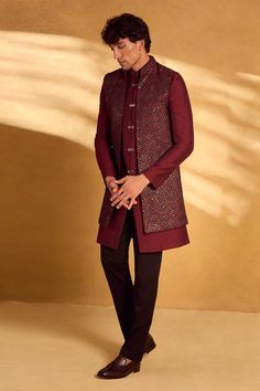 Maroon jacket with sequin embellished geometric patterns. Comes with embellished button sherwani and pant. - Aza Fashions Elegant Festive Straight Kurta Outerwear, Festive Nehru Jacket With Mirror Work, Long Sleeve Bandhgala With Mirror Work For Reception, Long Sleeve Nehru Jacket With Mirror Work For Reception, Designer Nehru Jacket With Mirror Work For Diwali, Designer Nehru Jacket With Mirror Work For Festive Season, Festive Nehru Jacket For Party With Straight Kurta, Festive Nehru Jacket For Party, Designer Nehru Jacket With Zari Work For Festive