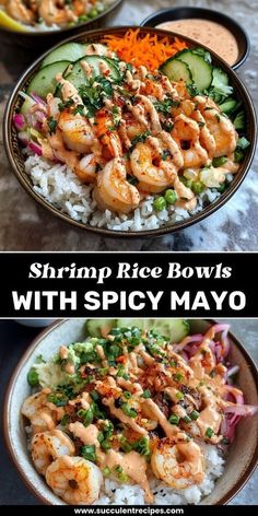 shrimp rice bowls with spicy mayo sauce and cucumber on the side, in two separate plates