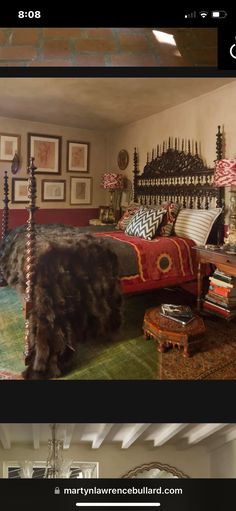 two pictures of a bedroom with an ornate bed and rugs on the floor next to each other