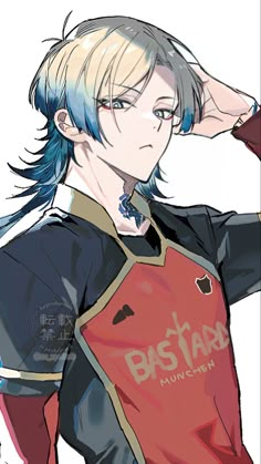 an anime character with blue hair wearing a red shirt and holding his hand on his head