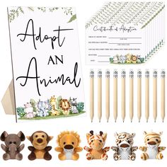 an assortment of animal themed items including pencils, notepad and pen with the words adopt an animal written on it