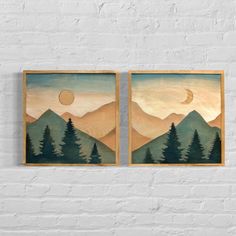 two paintings are hanging on the wall next to each other, with mountains in the background