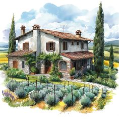 a watercolor painting of a house surrounded by greenery