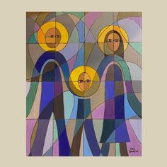 an abstract painting of three people holding hands with the sun shining through them, in blue and yellow colors