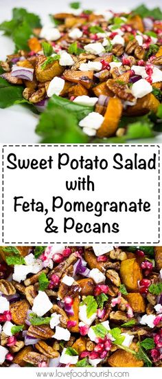 sweet potato salad with feta, pomegranate and pecans on a white plate