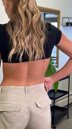 Script Tattoo Back, Mini Back Tattoo, Back Script Tattoo, Dainty Back Tattoo, Script Tattoo Font, Small Script Tattoo, Tattoo Angel Numbers, Back Tattoo Inspiration, Angel Number Tattoo