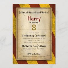 an old harry birthday party card with the words harry is turning 8 on it's front