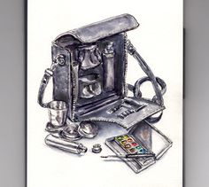 a drawing of an old fashioned coffee maker and other items on a table with a white background