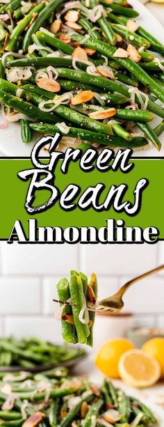 green beans and almonds on a white plate