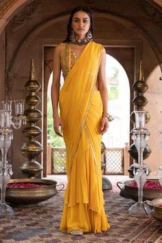 Shop for Chhavvi Aggarwal Yellow Shantoon Pre-draped Ruffle Saree With Blouse for Women Online at Aza Fashions Draped Saree, Net Blouses, Ruffle Saree, Drape Saree, Yellow Saree, Printed Sleeveless Blouse, Sequin Embroidery, Beaded Neckline, Blouse For Women