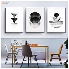 three black and white art prints hanging on the wall above a dining room table with chairs