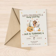 this is an image of a birthday card for a boy with pumpkins and bears