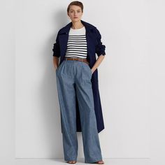 Lauren Ralph Lauren Women's Plus Pleated Chambray Wide-Leg Pants Product Details With Crisp Pleats And A Flattering High Rise, These Wide-Leg Pants Are Crafted With Lightweight Chambray For A Style That Exudes Casual Sophistication. High-Rise Wide-Leg Silhouette Belt Loops Zip Fly With A Signature Buttoned Closure Two Front Waist Angled Pockets Two Back Waist Welt Pockets Pleating At The Front Waist Back Waist Darts All Cotton Machine Washable Imported Pleated Trousers, Womens Capris, Ralph Lauren Purple Label, Jumper Shirt, Ralph Lauren Womens, Formal Shirts, Cardigan Jacket, Casual Sweatshirt, Wide Leg Trousers