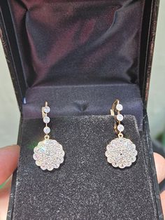 Antique Diamond 14K Rose Gold Cluster Flower Drop Earrings with Lever Backs for Pierced Ears Metal Type: 14K Rose Gold Total Item Weight approx: 4.8 Grams Measures approx: 30mm x 13mm Gemstone: Genuine Diamond Carat Total Weight approx: 2.20cttw Stone Shape: Old cut Color Grade approx: I-J Clarity Grade approx: VS2-SI Setting: Prong set Formal Brilliant Cut Round Flower Earrings, Formal Brilliant Cut Flower Earrings, Elegant Rose Gold Round Cluster Earrings, Luxury Flower Shaped Earrings With Prong Setting, Yellow Gold Round Flower Earrings For Anniversary, Luxury Flower Earrings With Prong Setting For Formal Occasions, Luxury Formal Flower Earrings With Prong Setting, Yellow Gold Round Flower Earrings With Prong Setting, Formal Diamond Drop Flower Earrings