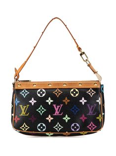 The Pochette Accessoires features monogram multicolore canvas body with vachetta leather trim studded flat vachetta leather strap top zip closure. Black. Serial Number: SL0093. Condition: GOOD. This previously owned and used item is in good condition with minimal signs of use. This may include fading of material or plating and scratches. Purchasing this item continues its narrative and reduces the environmental impact by avoiding the use of new resources needed to make the product from scratch, such as water, materials and electricity, and avoiding additional manufacturing impact. Learn more about what makes a product Conscious on our Conscious Criteria page. Mini Louis Vuitton Bag, Louis Vuitton Multicolor, Dream Bag, Studded Flats, Vintage Shoulder Bag, Louis Vuitton Pochette, Iconic Bags, Shoulder Bag Black, Vintage Louis Vuitton