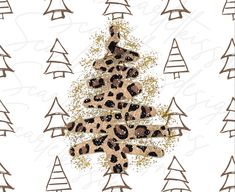 a leopard print christmas tree on a white background with gold glitter and black trees around it