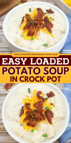 Make this easy winter recipe! This Easy Loaded Potato Soup in Crock Pot is the perfect yummy comfort food. This slow cooker recipe combines potatoes, bacon, cheese, and chives in a creamy soup base. Savor this homemade soup and pin it now! Soup Crock Pot Easy, Potato Soup Crockpot Recipes, Potato Soup Crock Pot Easy, Crockpot Potato Soup, Crock Pot Easy, Crockpot Potato, Homemade Potato Soup, Slow Cooker Potato Soup, Slow Cooker Potatoes