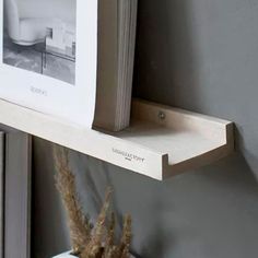 a photo frame is hanging on the wall next to a shelf with a plant in it