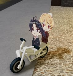 two anime characters sitting on a small motorbike