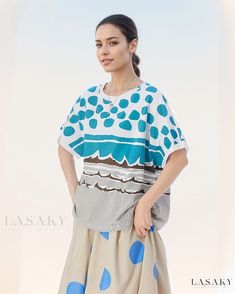 Lasaky - Ladies Loose-fit Casual Short-sleeve Top Combination Color, Geometric Fabric, Sleeves Clothing, Blue Outfit, Knit Cotton, Short Sleeve Top, Pattern Geometric, Types Of Collars, Color Combinations