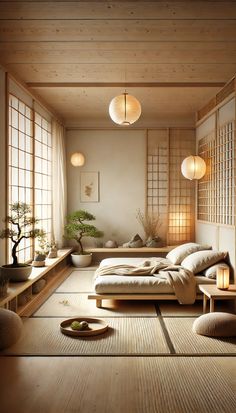 Step into a peaceful oasis with this Japanese-inspired bedroom that blends minimalism with cozy warmth. Featuring a low futon bed, natural wood and bamboo accents, and a soft glow from paper lanterns, this space radiates calm. A small bonsai and a shoji screen filtering gentle sunlight add a touch of nature, creating a sanctuary for relaxation and simplicity. 🌸 Japanese Bedroom Furniture, Japanese Room Decor Bedroom Designs, Japanese Small Apartment Design, Japanese House Decor Interior Design, Japanese Styled Bedroom, Japanese Floor Mattress Bedroom Ideas, Japanese Futon Bedroom Aesthetic, Japanese Styled Home, Japanese Room Decor Ideas