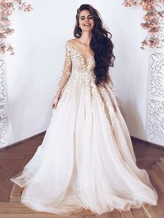 Long Sleeves Lace Appliques Light Champagne Tulle Long Prom Dresses Wedding Dresses, Champagne Lace Formal Dresses, Evening Dresses Formal Dresses Graduation, Wedding Dress Champagne, Long Sleeve Wedding Dress Lace, Applique Wedding, Lace Formal Dress, Long Sleeve Wedding, Tulle Wedding, Tulle Wedding Dress, Wedding Dress Long Sleeve