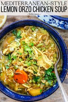 a blue bowl filled with chicken and vegetable soup