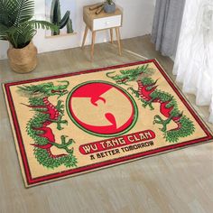 a rug with an image of two dragon on it in the middle of a room