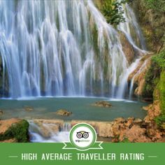 a waterfall with the words high average traveler ratings