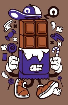 a cartoon character holding up a chocolate bar