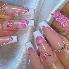 Free Yourself 24 Piece Long Coffin Press On Nails Bundle & Save! Nails With Butterfly Design, Nails With Butterfly, Pink Bling Nails, Braids Styling, Acrylic Nails Stiletto, Japanese Cherry Blossoms, Luminous Nails, Punk Nails, Grunge Nails