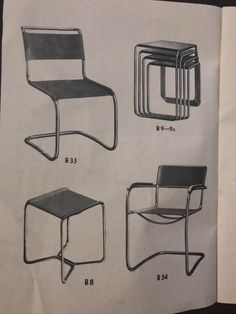 four different types of chairs are shown in black and white paper with numbers on them