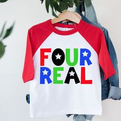 Four Real Birthday Boy Shirt, 4TH Birthday Party, Boy 4th Birthday, Fourth Birthday Kids Shirt, 4 Year Old Birthday Tee, Four Graphic tee Birthday Boy Outfit Please read all the info before placing your order. The price you see is per shirt, please read the size chart in the last pictures of listings before placing your order. How to order a shirt: *Select the STYLE *Select the SIZE *Select the Quantity *Add Personalization *Add to cart *Go back and Repeat for each size (if you need more than one shirt) SHIRTS INFO: *Color: White, Raglan Red and Black Sleeve Shirts 100% Cotton *Shirts are loose fit for unisex sizing, please see size chart for your most accurate fit! PRINTING INFO: *DTG (Direct to Garment Printing) GARMENT CARE: *Wash inside out. *Machine wash cold. *Use a very mild deterge Casual 4th Of July Birthday T-shirt, Casual T-shirt For 4th Of July Birthday, Pre-shrunk T-shirt For Birthday And 4th Of July, Pre-shrunk T-shirt For 4th Of July Birthday, Pre-shrunk T-shirt For Birthday On 4th Of July, Playful T-shirt For 4th Of July With Crew Neck, Playful Crew Neck T-shirt For 4th Of July, Short Sleeve T-shirt For 4th Of July Birthday, 4th Of July Birthday T-shirt With Graphic Print