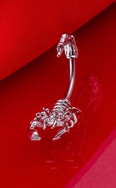 a silver scorpion on a red background