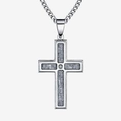 A simple diamond-accent stainless steel cross is a modern interpretation of an ageless symbol.Metal: Stainless steelStone: Diamond accentClosure: Lobster claspPendant Size: 24x49mmLength: 24”Some diamonds may consist of fewer than 17 facets.Jewelry photos are enlarged to show detail. Minimalist Silver Stainless Steel Cross Necklace, White Gold Stainless Steel Cross Pendant Necklace, White Gold Stainless Steel Cross Necklace, Modern Stainless Steel Cross Necklace For Gift, Modern Stainless Steel Cross Pendant Necklace, White Gold Stainless Steel Crucifix Necklaces, Modern Silver Necklace With Cross Pendant, White Gold Stainless Steel Crucifix Necklace, Stainless Steel Cross Jewelry With Polished Finish