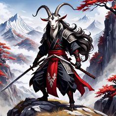 a man with long hair and horns holding two swords in his hands, standing on a mountain