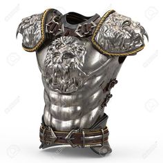 a silver armor with gold trimmings on the chest and shoulder, in front of a