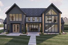 this is an artist's rendering of a house with large windows and lots of grass