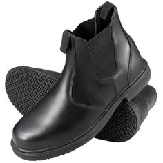 Have your staff looking their absolute best with this pair of Genuine Grip 7141 men's size 12 wide width black non slip slip-on boots. They're perfect for supervisors, managers, and foremen who need to look professional on the job site, while staying safe. The uppers on these boots are made from high quality leather that is oil resistant. Elastic sides ensure easy on/off, while a patent pending slip-resistant rubber outsole, designed with a square patterned tread, makes these boots ideal for wal Pull On Work Boots, Work Boots Men, Work Boot, Slip On Boots, Mens Black Leather, Comfortable Boots, Work Safety, Leather Boot, Sleek Fashion