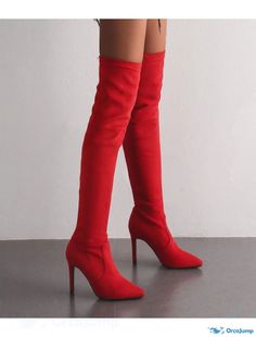 OrcaJump - Womens Over The Knee Boots Stiletto Heel Pointed Toe Daily Work PU Solid Colored Almond Black Red Red High Heel Winter Boots, Red High Heeled Boots For Winter, Elegant Red Heeled Boots For Spring, Red Ankle Strap Heels For Fall, Red High Ankle Heeled Boots For Winter, Fitted High Heel Boots With Red Sole, Fitted Boots With Red Sole For Fall, Fitted Heeled Boots With Red Sole For Fall, Fitted Red Heeled Boots