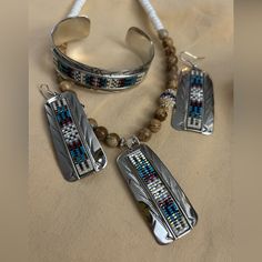 Unique Handmade Jewelry Set. Authentic Navajo Jewelry Art. Wide Ruins Navajo Glass Beadwork And German Silver Necklace, Earrings And Cuff Set. Very Pretty. Handmade Jewelry Set, Earrings Cuff, Navajo Jewelry, Set Necklace, Unique Handmade Jewelry, German Silver, Cuff Earrings, Necklace Earrings, Jewelry Art