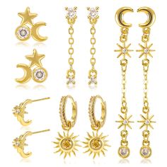 PRICES MAY VARY. ♥GOLD MOON STAR SUN EARRINGS SET♥The gold moon star sun earrings set showcases an enchanting design, blending classic elements like the moon, stars, and sun. The set includes a star and moon zircon stud, a pair of round zircon long tassel chain earrings, a pair of sun long tassel chain earrings, a pair of sun open hoop earrings, and a pair of sun pendant huggie hoop earrings. Whether worn individually or combined on the same ear, the sun earrings bring out a unique and distincti Sun Earrings, Star Stud Earrings, Sun Pendant, Open Hoop Earrings, Packing Jewelry, Gold Sun, Star Earrings Stud, Gold Moon, Moon Stars